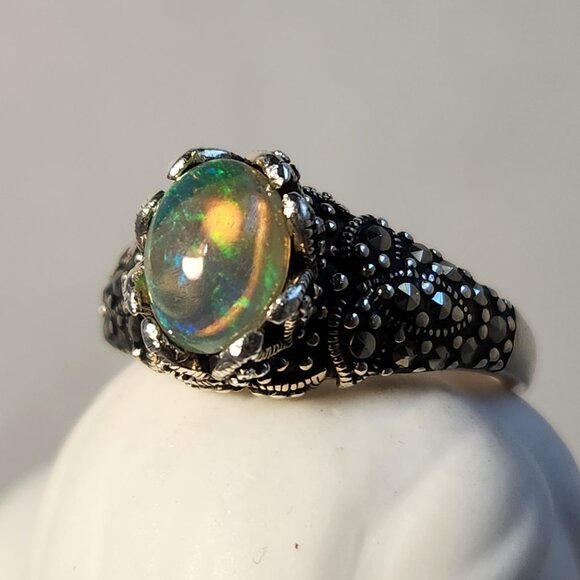 VTG 4.31g 925 Natural Ethiopian Welo Fire Opal W/ Marcasite Ring Sz 6 - Picture 5 of 15